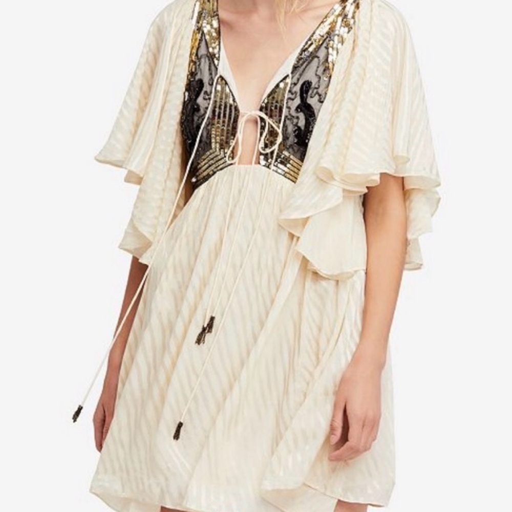 Free People Cream/Black Dress with Gold Sequins “ Moon glow “